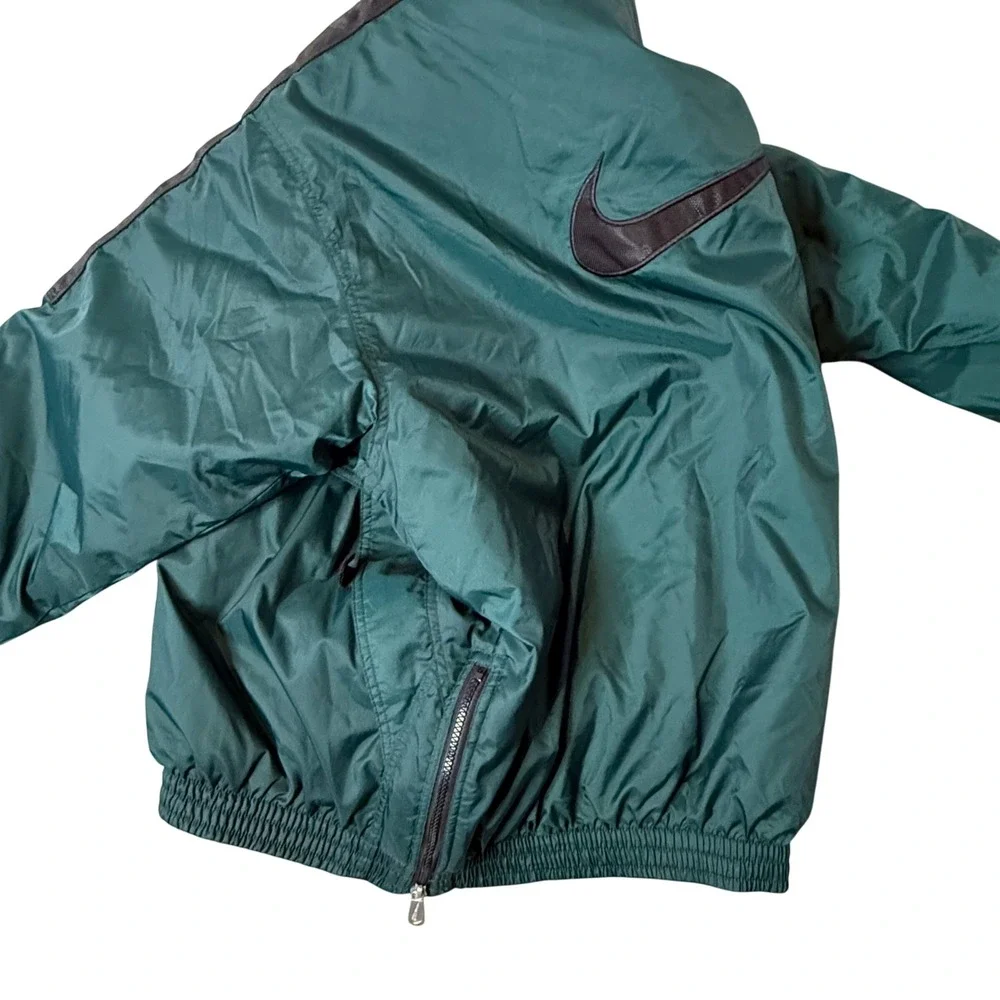 VTG Nike 90s Anorak Jacket Green Black Big Swoosh Quilted‎ L Pullover Kangaroo